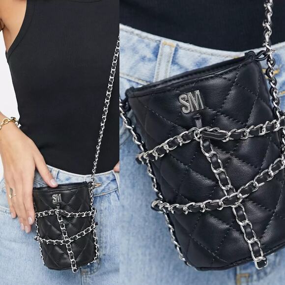 Steve Madden Black Quilted Chain Strap Crossbody Bucket Bag NWOT - Picture 1 of 8